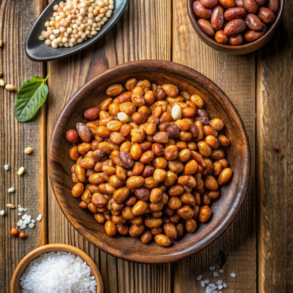 Beans roasted snack and salt on wood plate and bowl