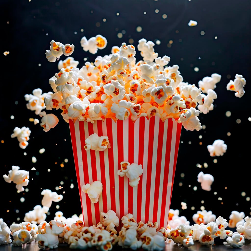 Falling popcorn in a red-white stripes box on black background